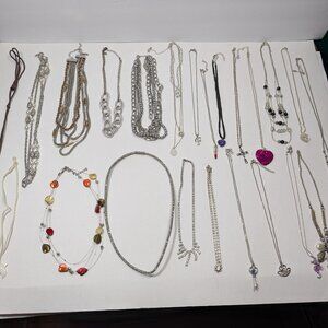 Silver Tone Necklace Lot 23 Fashion Jewelry Ready to Wear Variety Colors Styles